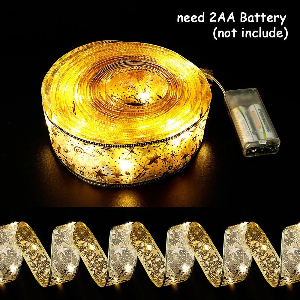 Fairy lights string with Christmas ribbon bow tie decoration in gold or silver colour options