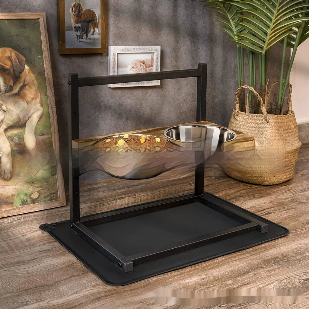 Black iron elevated dog feeding stand holding three different sized bowls for large breeds.
