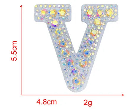 AB colour rhinestone letter emblem badge patch cloth sticker self-adhesive on white background
