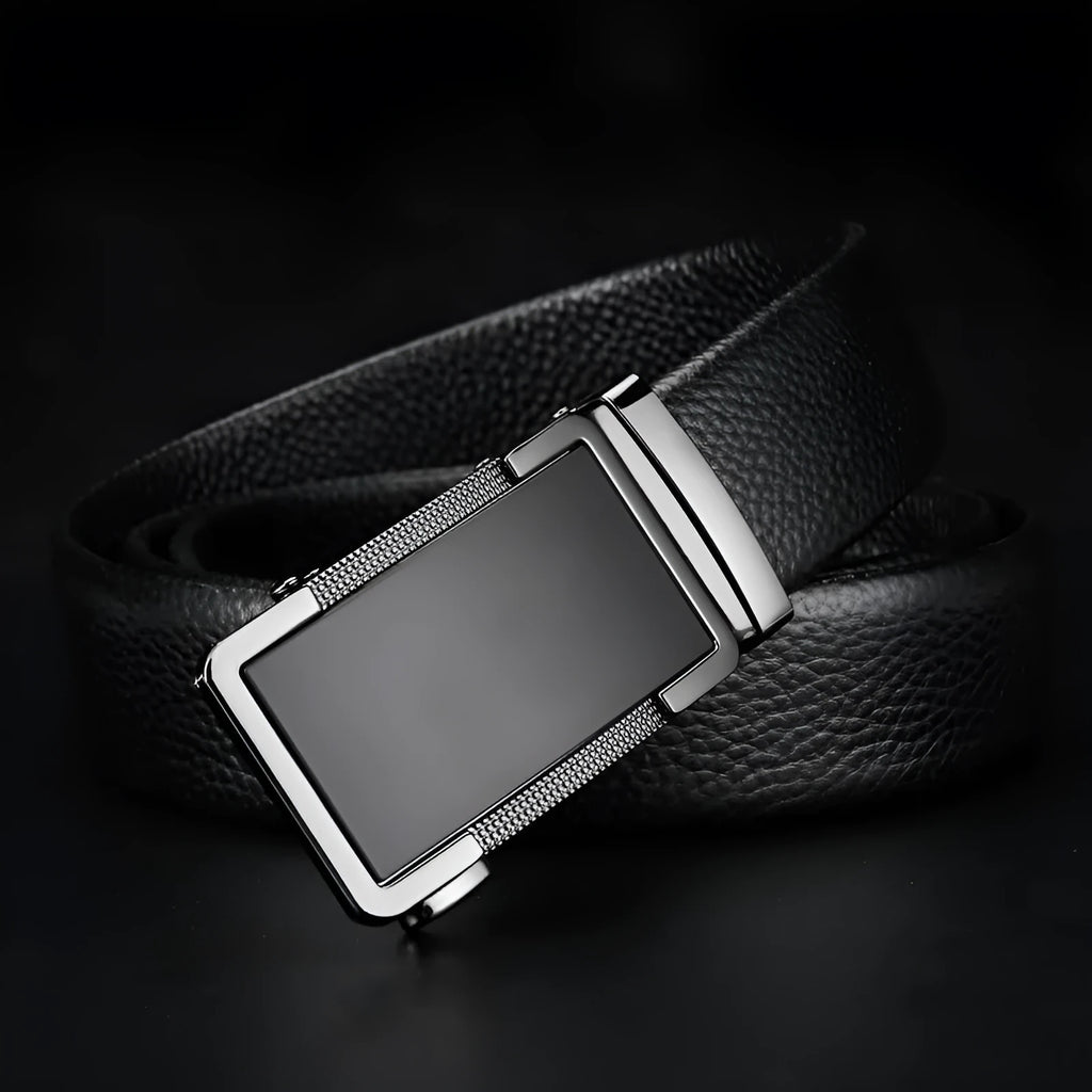 Men's leather belt with automatic alloy buckle in gun black colour showing standard 2-4cm width