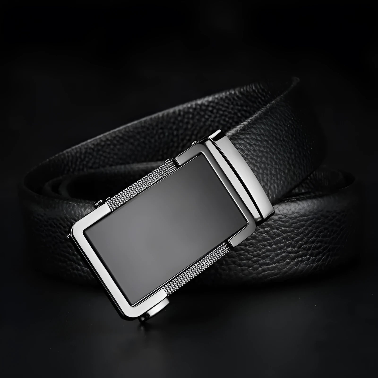 Men's leather belt with automatic alloy buckle in gun black colour showing standard 2-4cm width