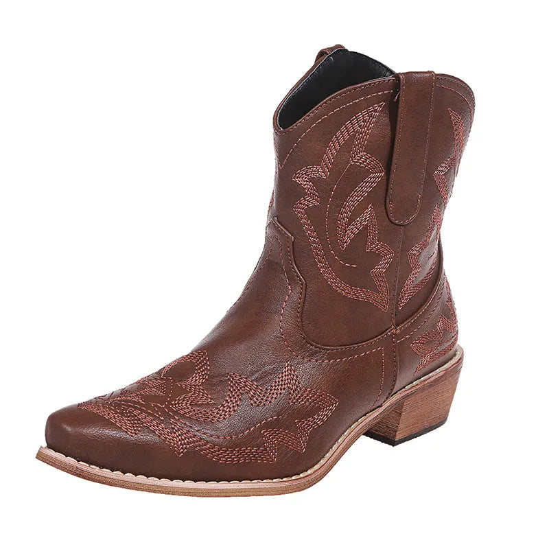 Blue women's Western cowgirl boots with embroidery detail, low wedge heel, and pointed toe.