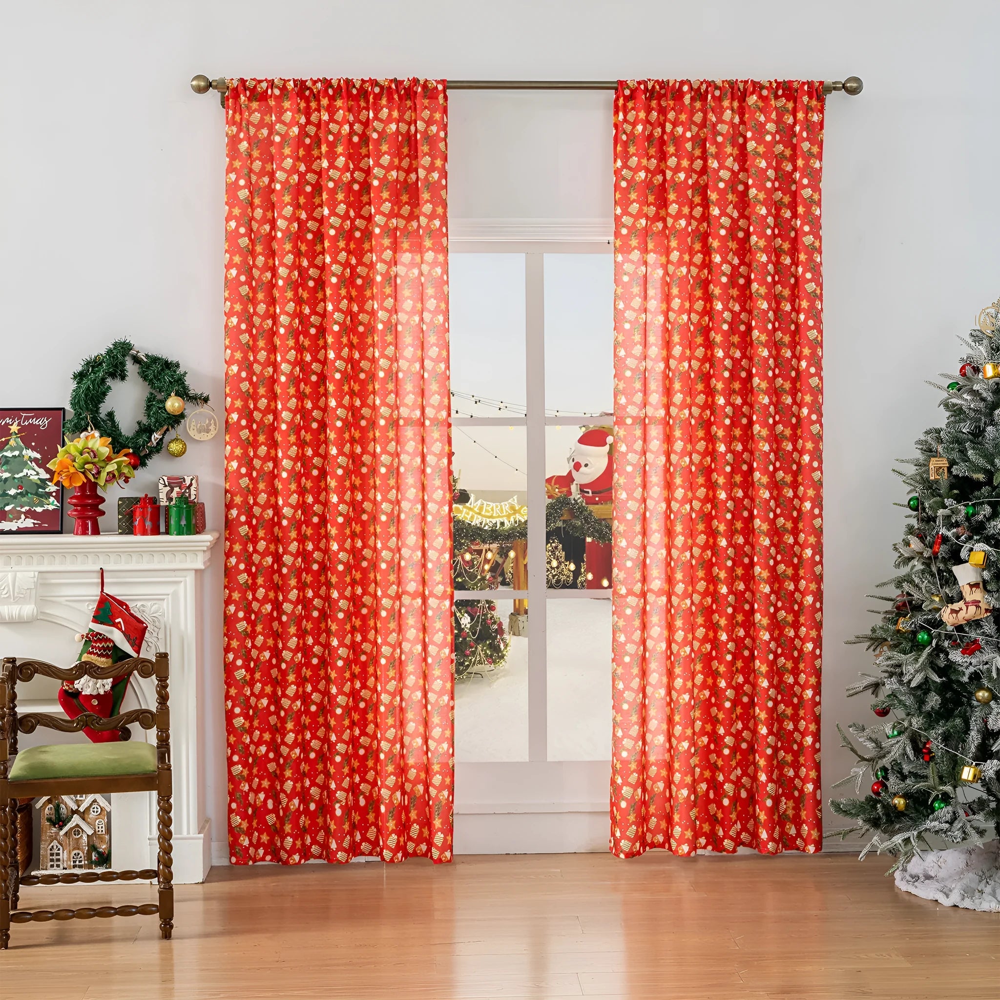 Christmas curtain with snowman and angel print in green colour, 1 metre wide panel