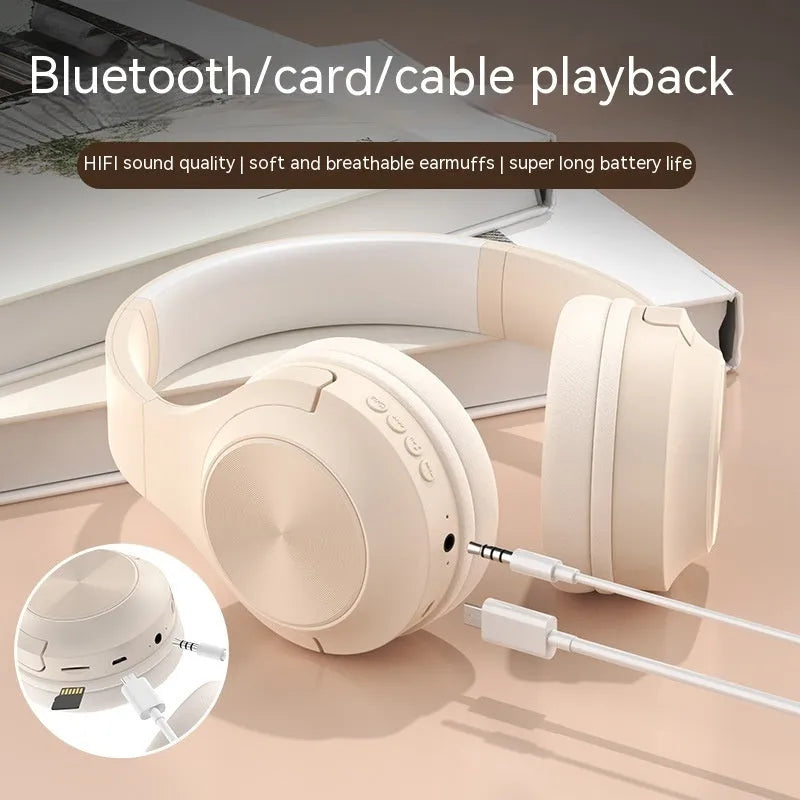 Creative design wireless Bluetooth headset in ivory white colour with a matching charging case.