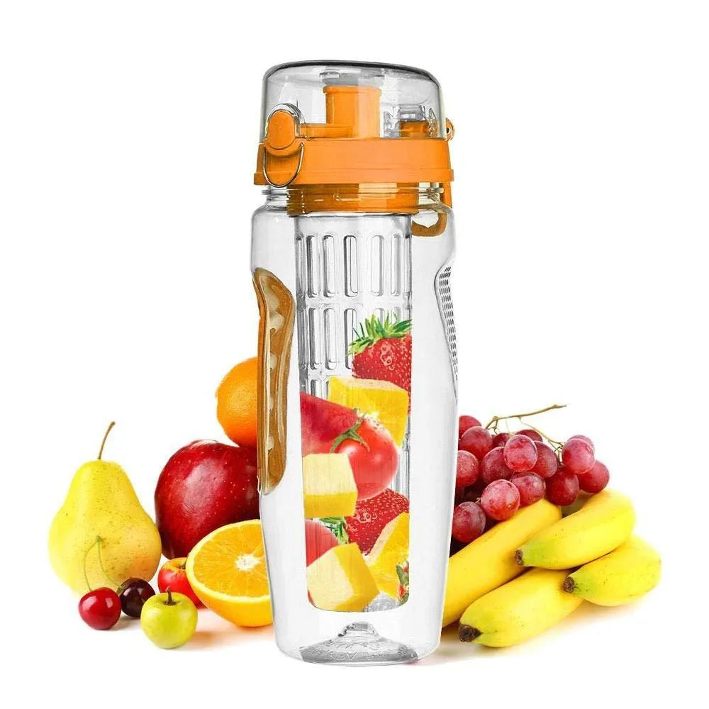 32oz BPA-free Tritan fruit infuser water bottle with removable fruit cup in assorted colours