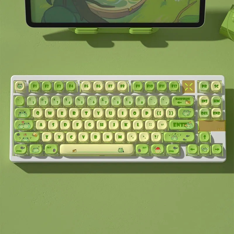 Spy round frog four-sided transparent pudding keycap set with PBT+PC material and translucent characters on a mechanical keyboard