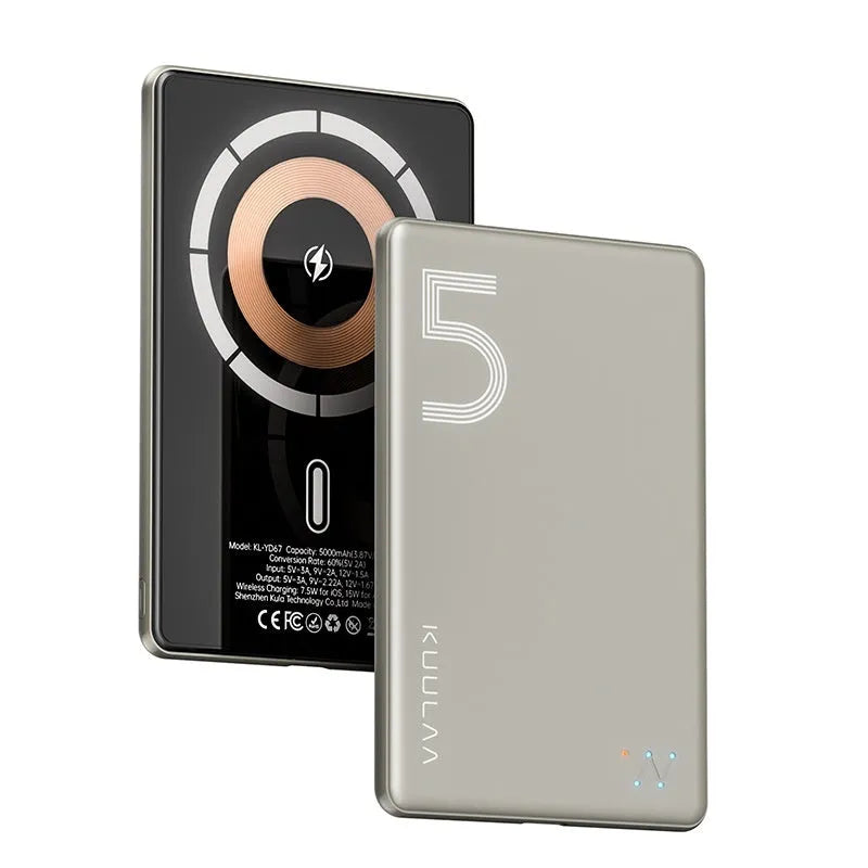 Ultra-thin magnetic wireless power bank 5000 mAh in neutral titanium colour-changing alloy shell