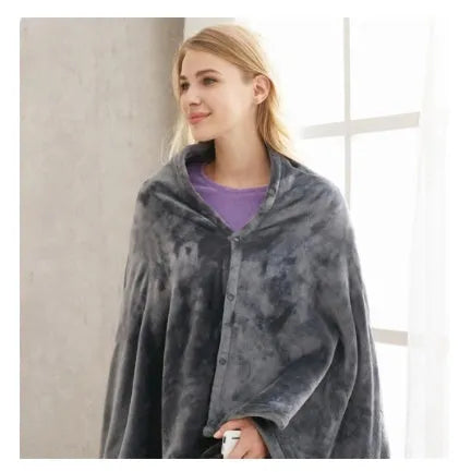 Dark grey USB-powered coral fleece electric heated blanket showing control button and cable.