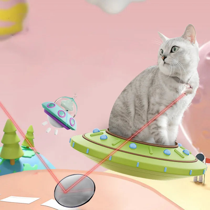 Green automatic cat collar laser toy showing 3×3×2.5cm dimensions with USB charging port