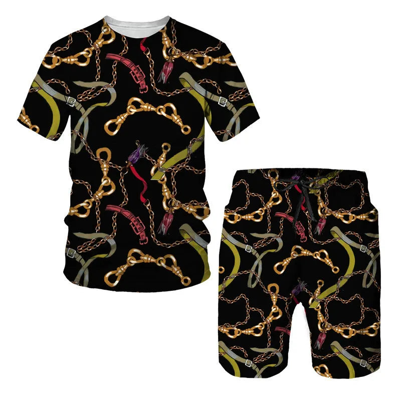 Men's chain pattern digital print short sleeve T-shirt and shorts set in summer colours