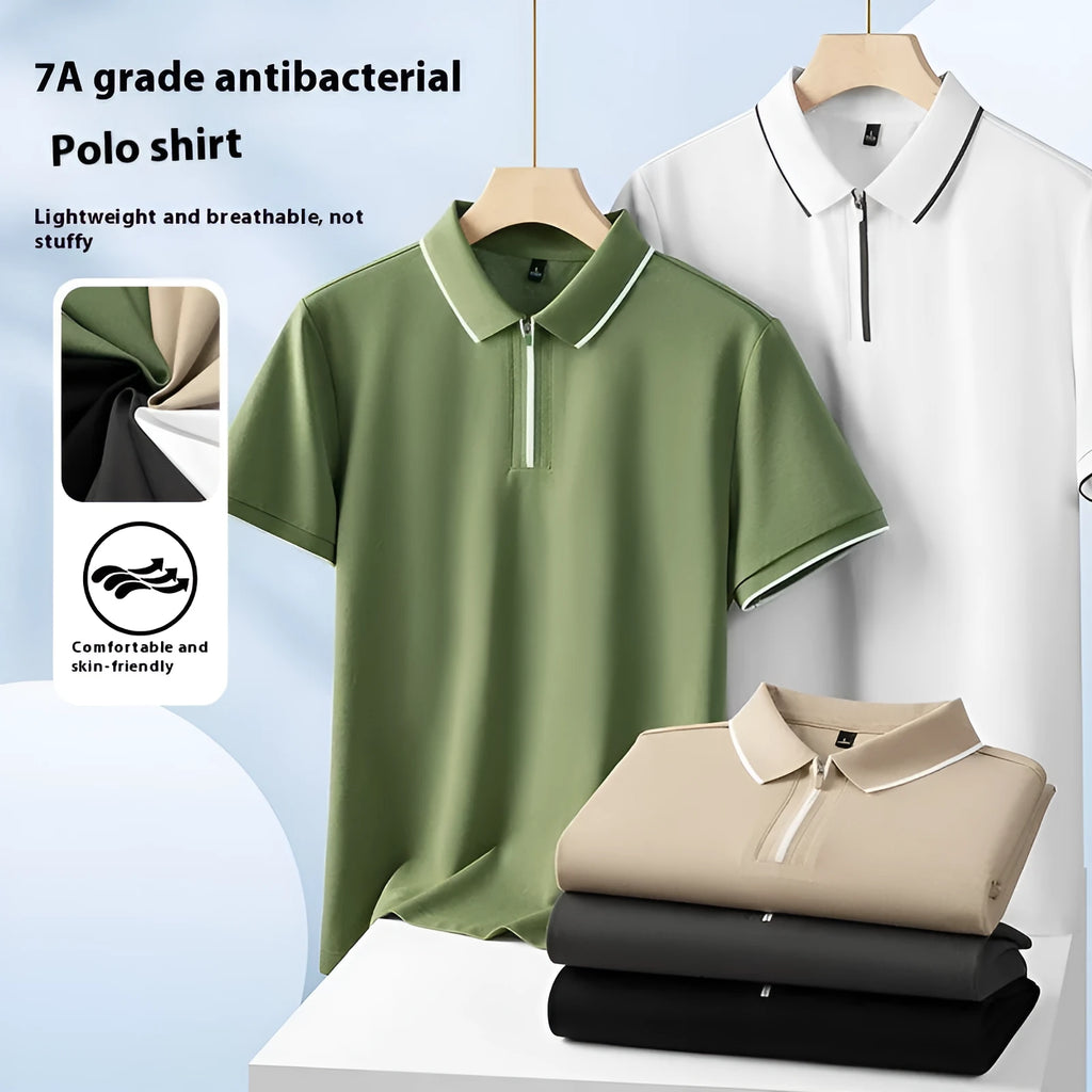 Men's solid colour polo shirt with a short sleeve and a front zipper collar.