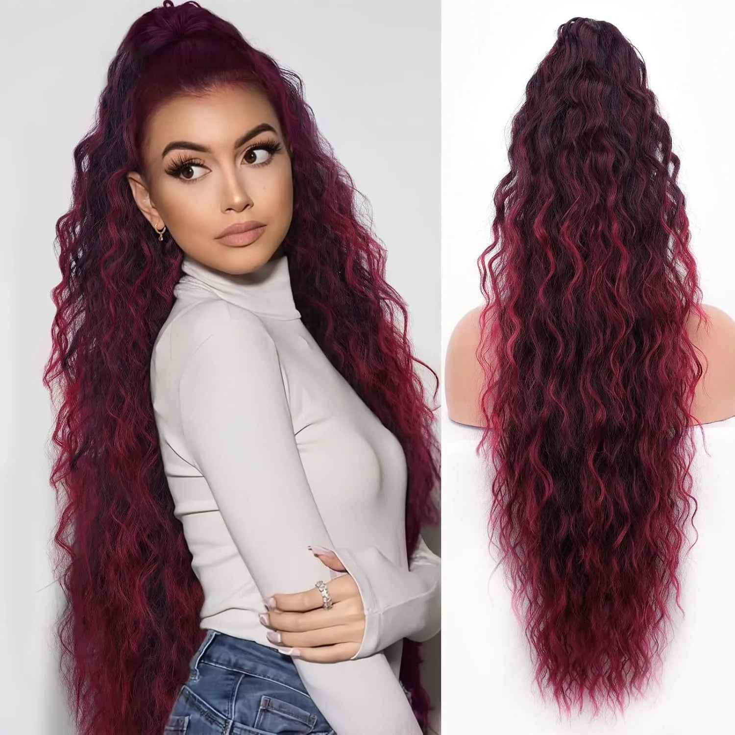 Long curly synthetic ponytail wig in high temperature fibre, 30 inches in length.