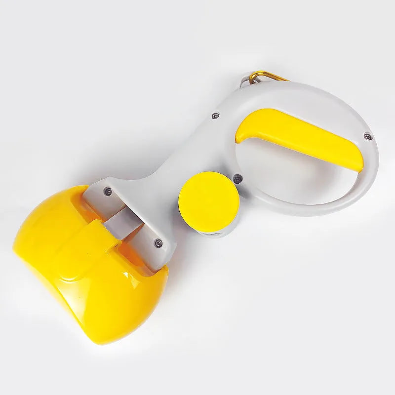 Black ABS plastic pet pooper scooper with integrated trash bag holder and top hanging hook.