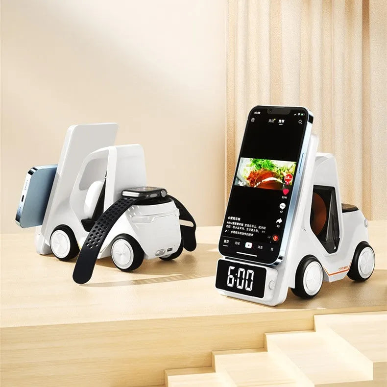 A grey, white, yellow, or orange 15W wireless charging bracket supporting three devices.