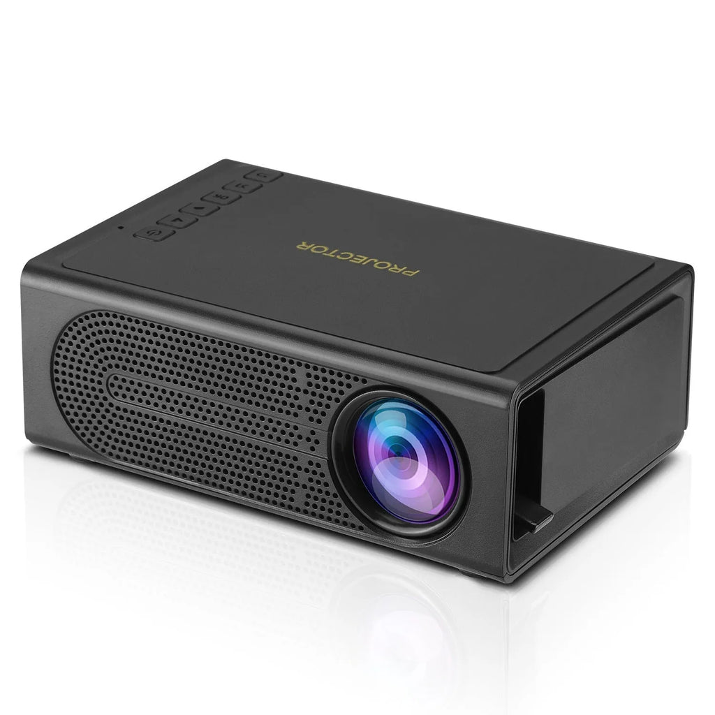 Portable mini projector in black or white colour with wired smartphone connection for screen mirroring