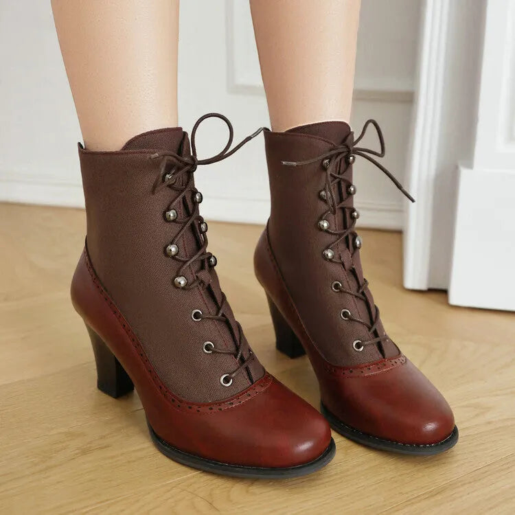 Retro British style cone heel Martin boots for women, artificial PU leather, front lace-up, available in brown