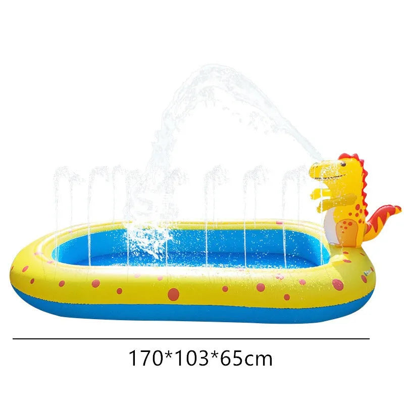 Blue dinosaur and shark water play pool for children in a garden setting