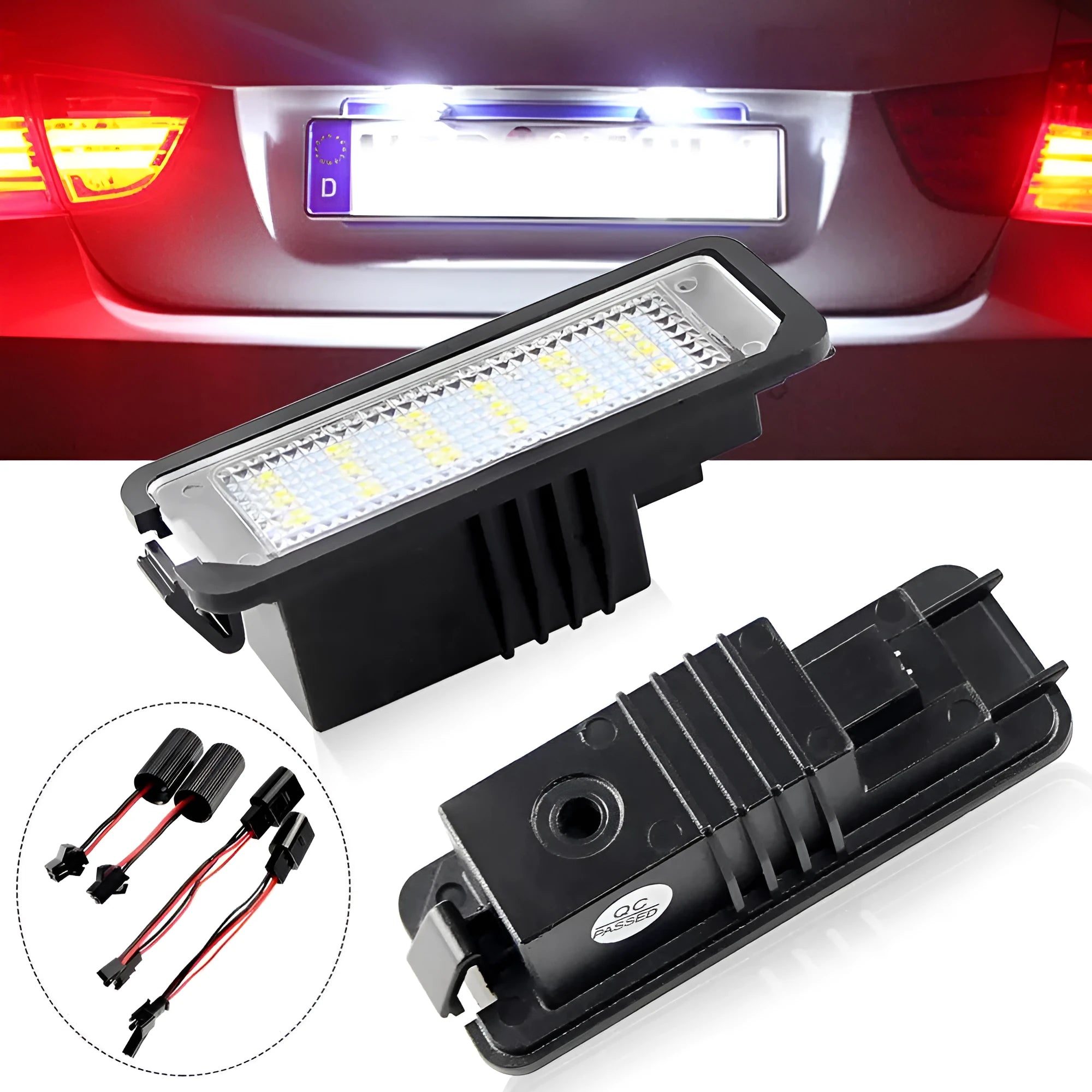 Volkswagen LED licence plate light unit showing 24 SMD 3528 LEDs, for Golf, Polo, Phaeton models.