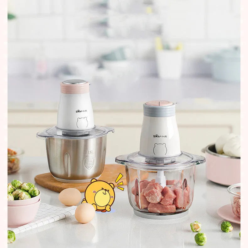Household electric vegetable chopper with 2L glass bowl and double-layer four-leaf blade