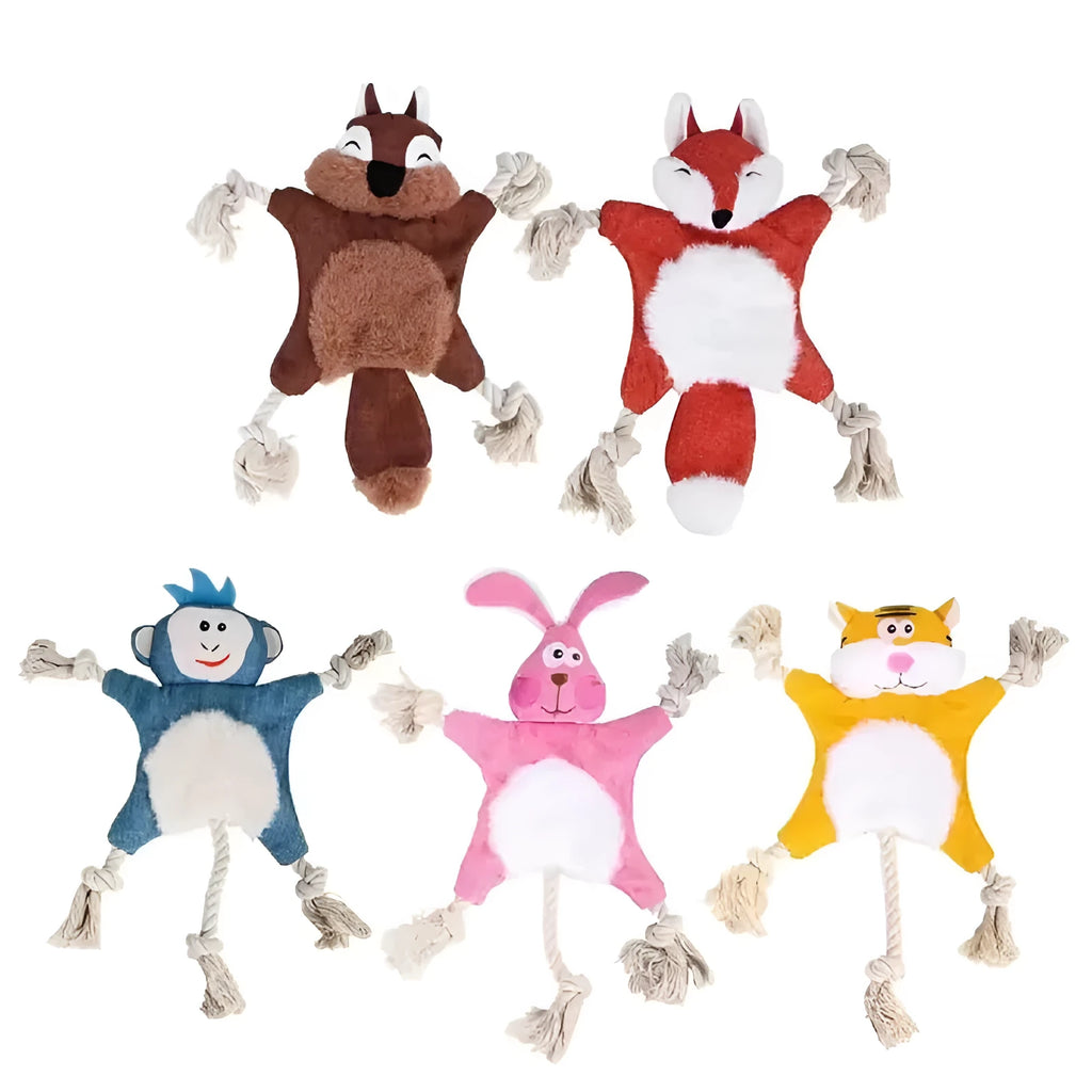 Plush squeaky dog toy set with fox, squirrel, monkey, and other animal shapes on a light background