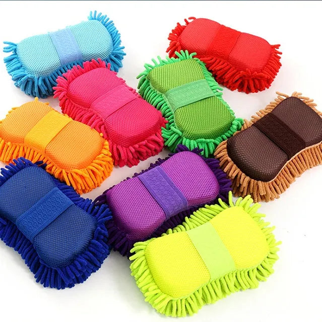 Silvery green microfiber chenille car wash sponge block measuring 14 by 25 centimetres