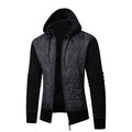Men's grey hooded corduroy sweater coat with cinched waist and cardigan style