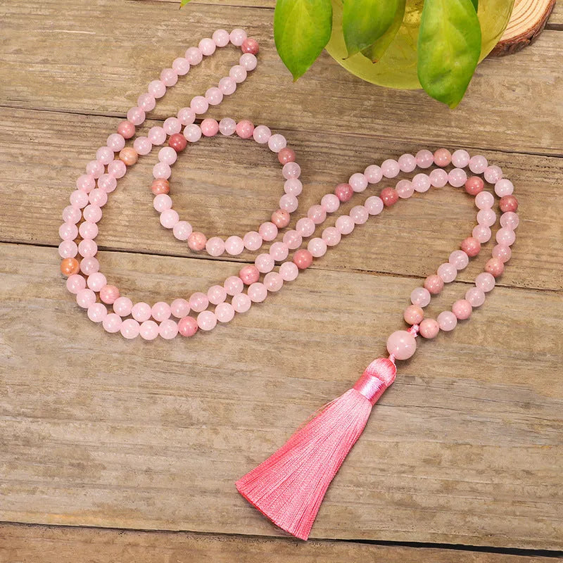 Stone bead yoga necklace and bracelet set with crystal drop pendant and long fringe tassels