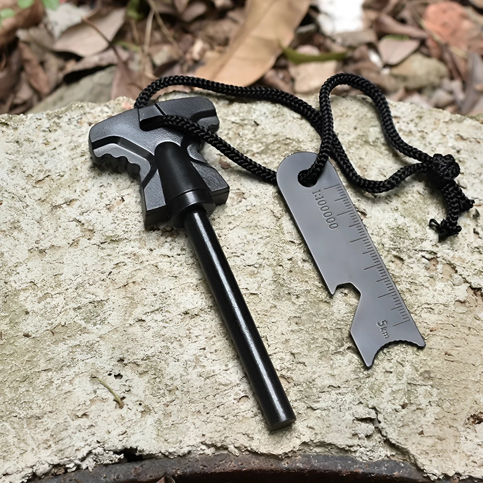 Butterfly-shaped stainless steel fire starter survival tool with bottle opener.