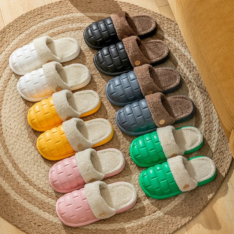 Plaid detachable EVA slippers for women in pink, shown with plush lining and flat sole.