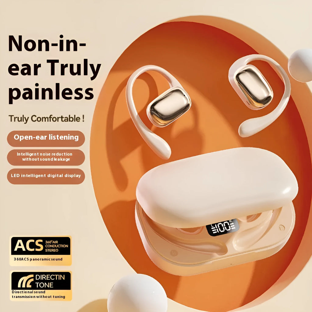Ear-mounted wireless headphones with digital display screen in black colour