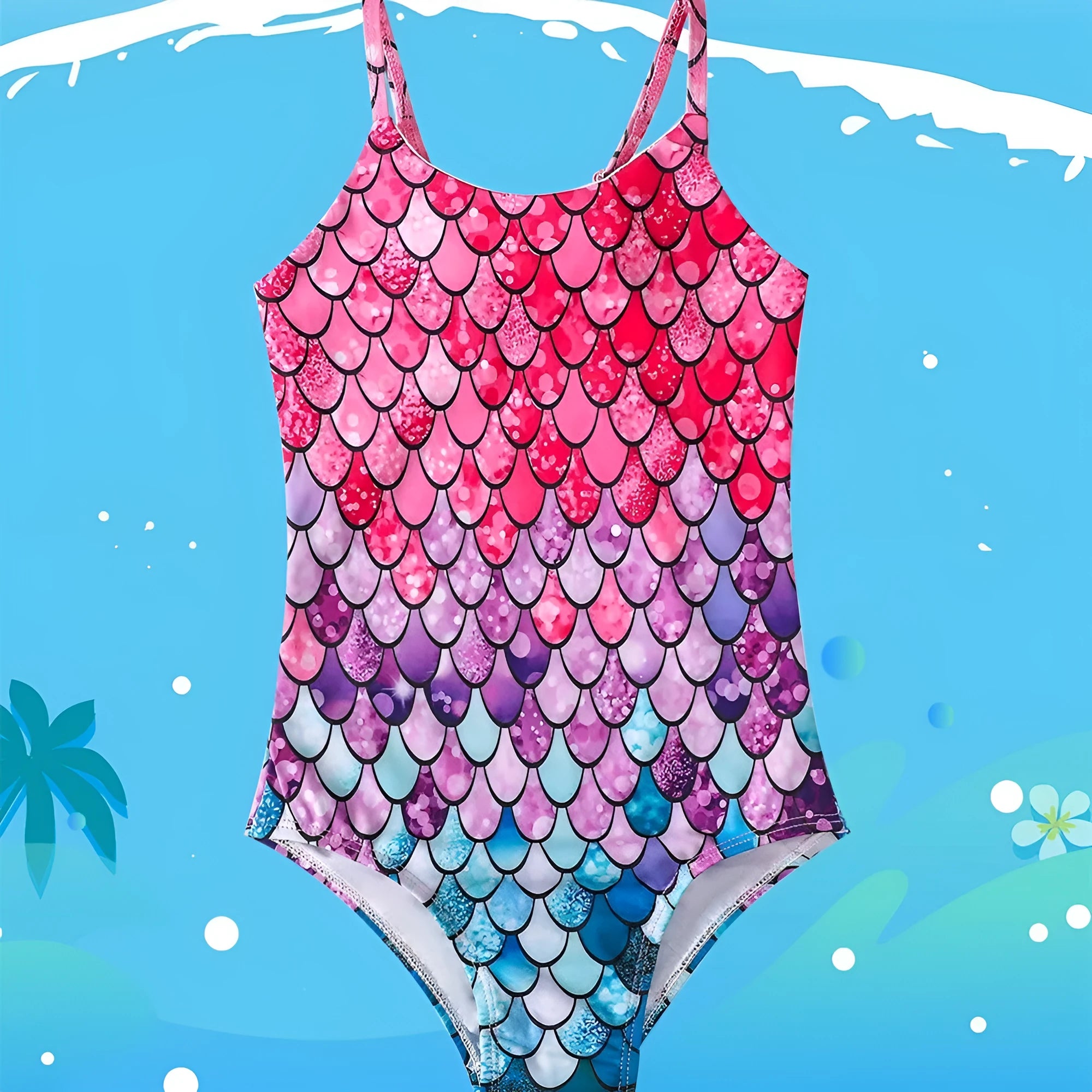 Children's mermaid style one-piece swimsuit in polyester with high elasticity, available in multiple colours and sizes 100-150cm