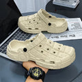 Men's hole shoes with thick EVA sole and toe holder design in sand colour