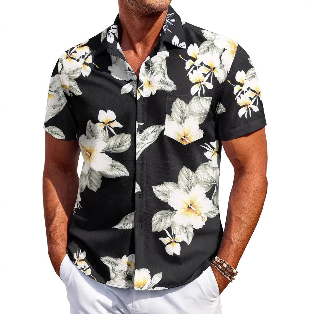 Men's slim fit short sleeve Hawaiian shirt in polyester fabric, shown in one of several available colours.