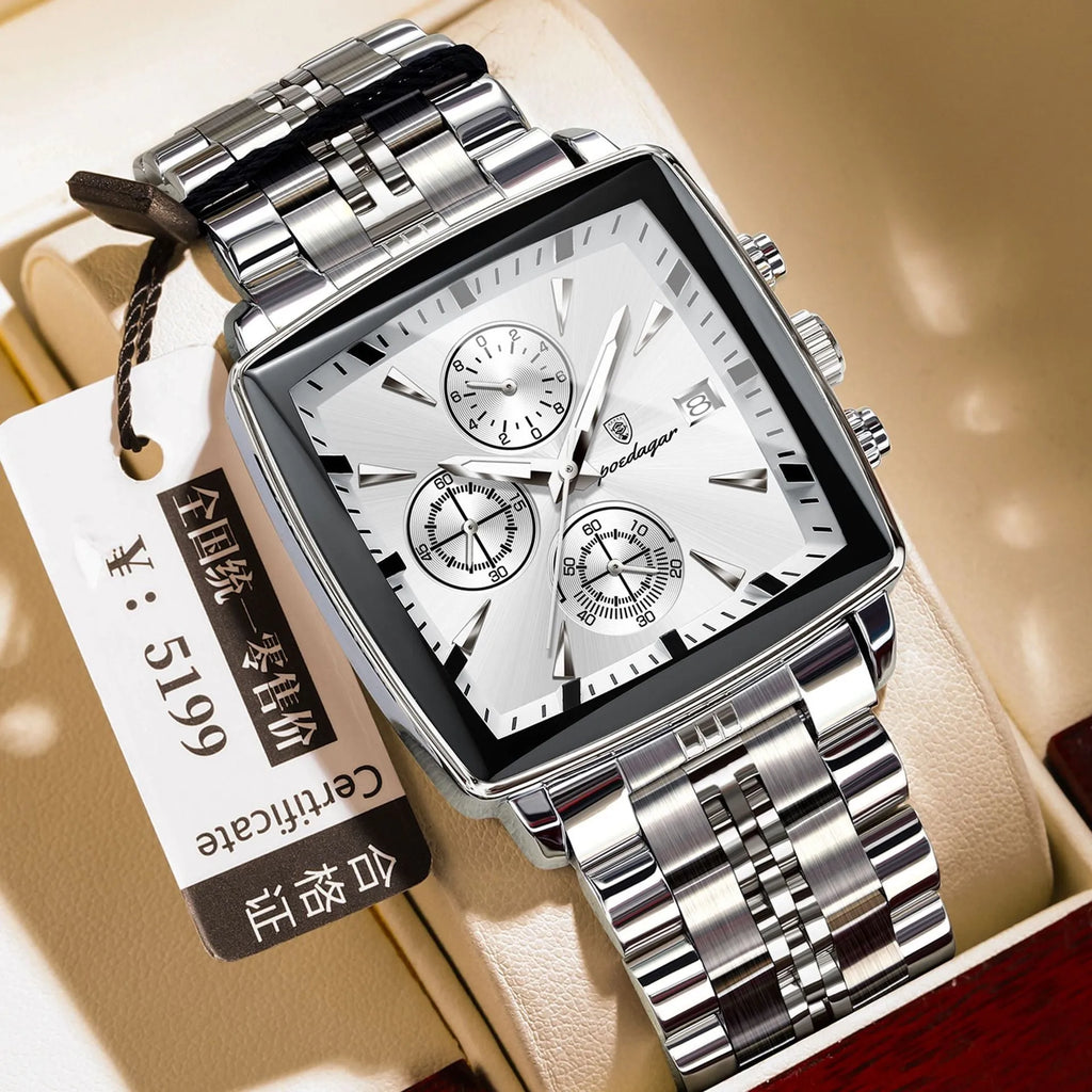 Square men's business watch with stainless steel strap and butterfly buckle on a wrist