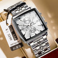 Square men's business watch with stainless steel strap and butterfly buckle on a wrist