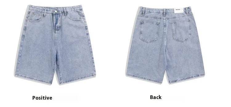 Men's straight-leg denim shorts in light blue, shown with a zip fly and mid-waist design.