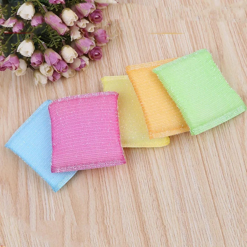 Pinstripe fabric dishwashing sponge mop in macaron colours shown on a kitchen counter.