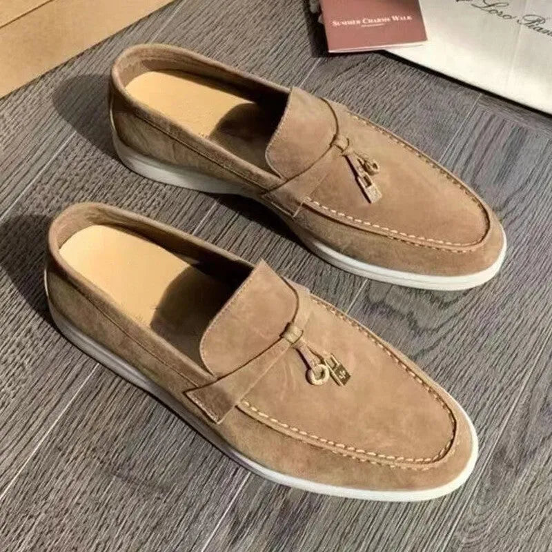 European style gommino slip-on loafers with round toe, high-top design, and decorative sewing lines