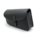 Black motorcycle swingarm saddlebag mounted on a Sportster, showing its size and side-mounting position.