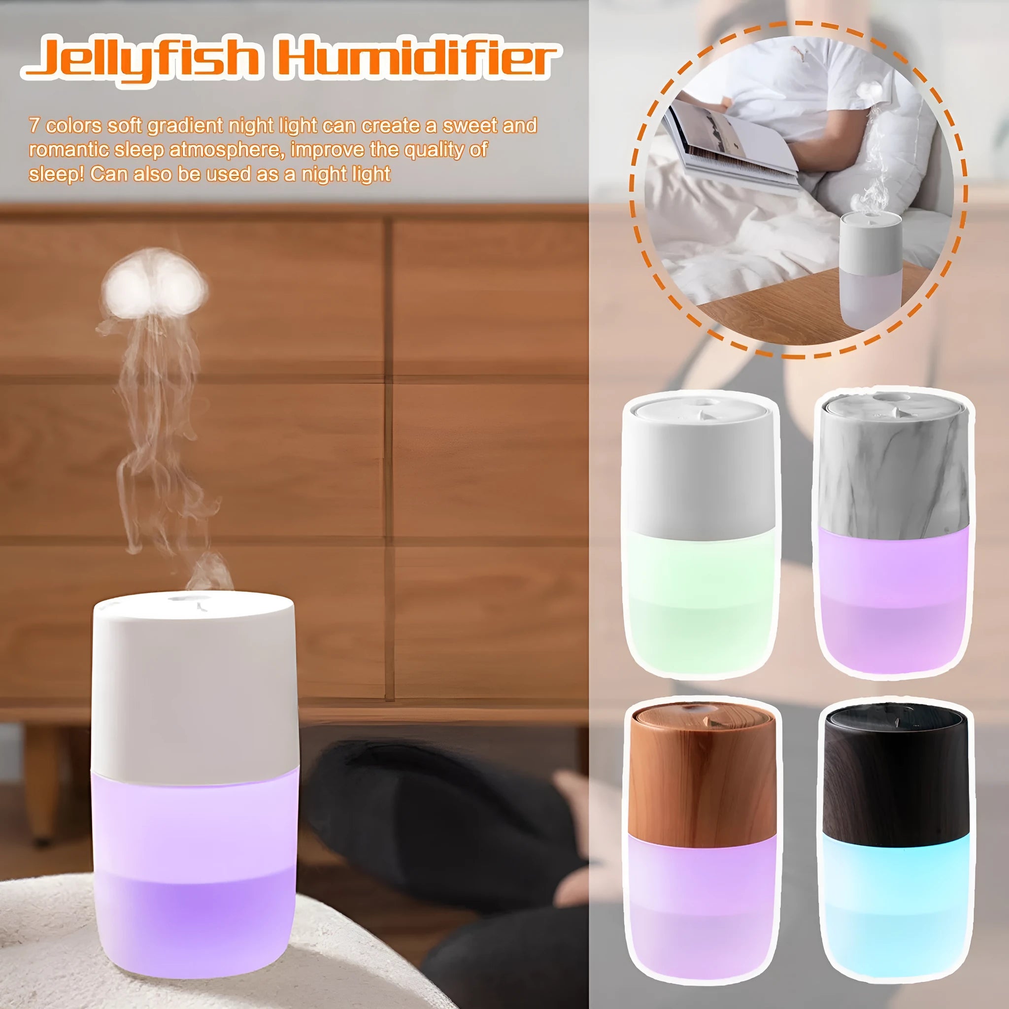Mini USB jellyfish air humidifier in white with hollow ABS shell on desk