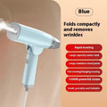Blue and white handheld garment steamer with mechanical controls and 1300W power rating