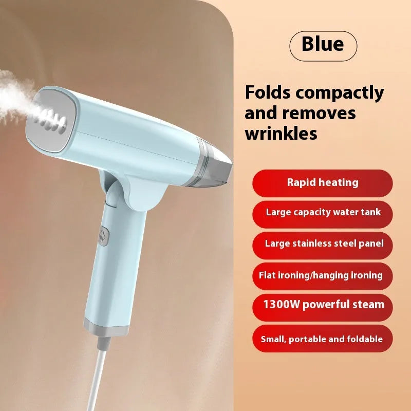Blue and white handheld garment steamer with mechanical controls and 1300W power rating