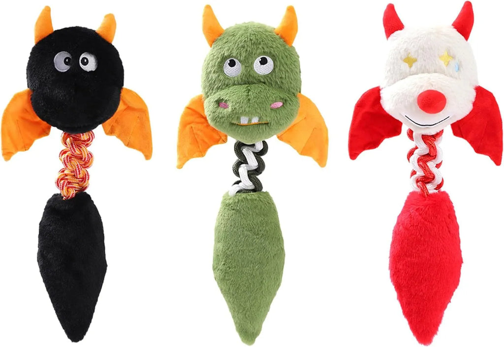 Soft plush dog toy with cartoon design, shown in green, red, or black colour.