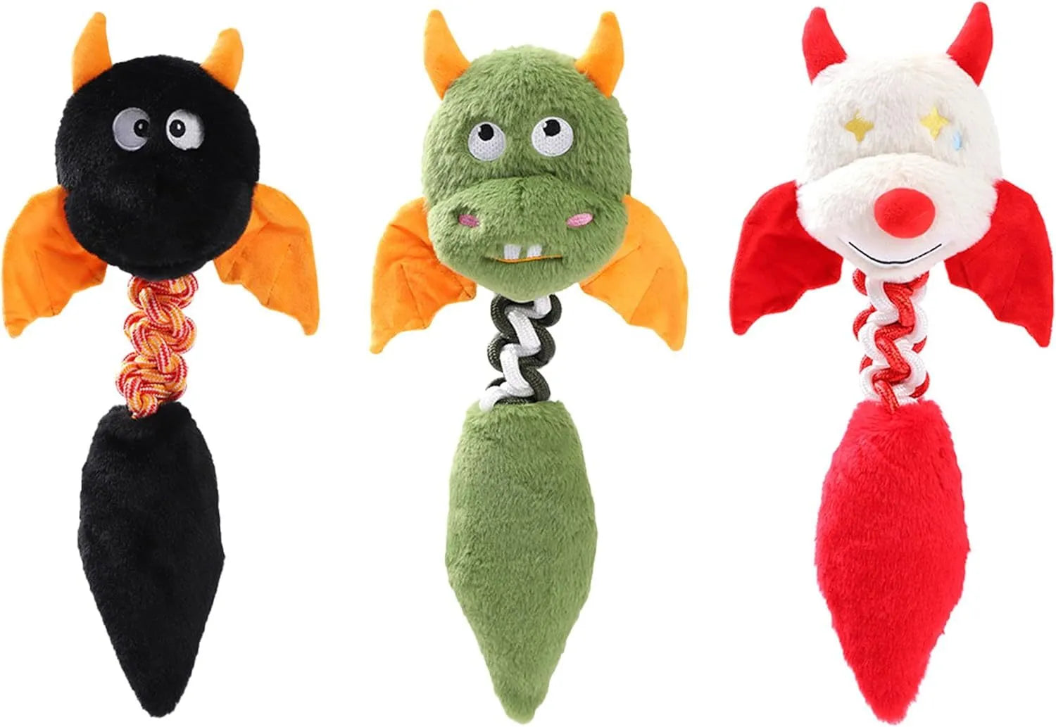 Soft plush dog toy with cartoon design, shown in green, red, or black colour.