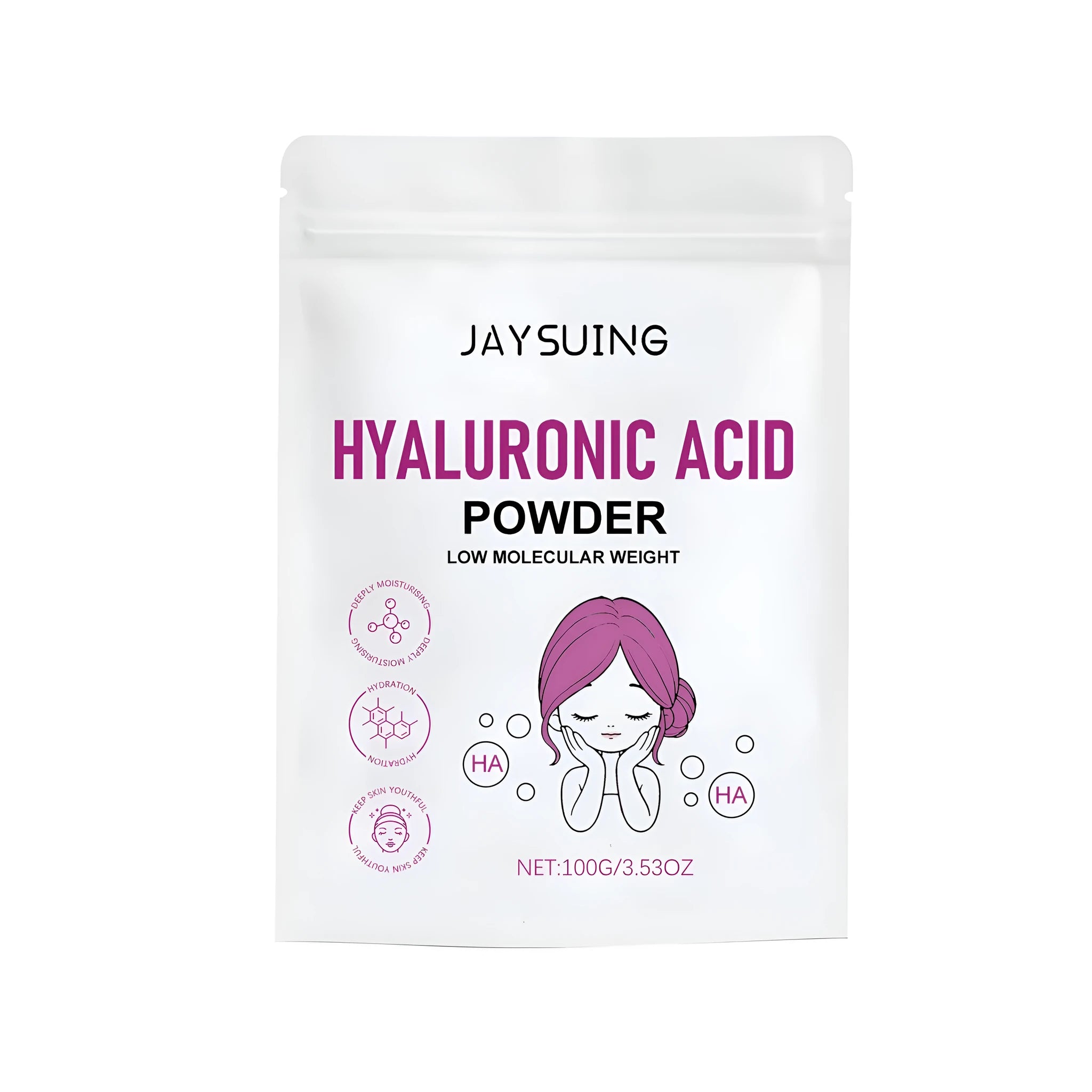 100g pouch of hyaluronic acid powder for DIY cosmetic and skin care formulations