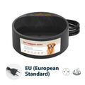 Black ABS plastic electric heated pet bowl with 2.2 litre capacity on a floor.
