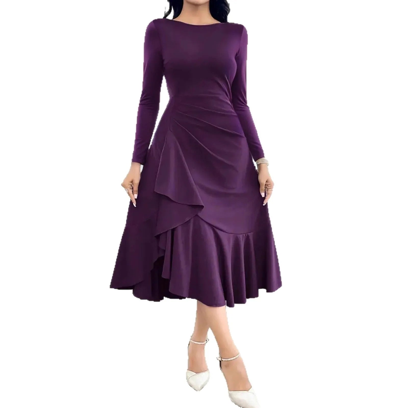 Purple women's long sleeve round neck dress with mid-waist and ruffled detailing.