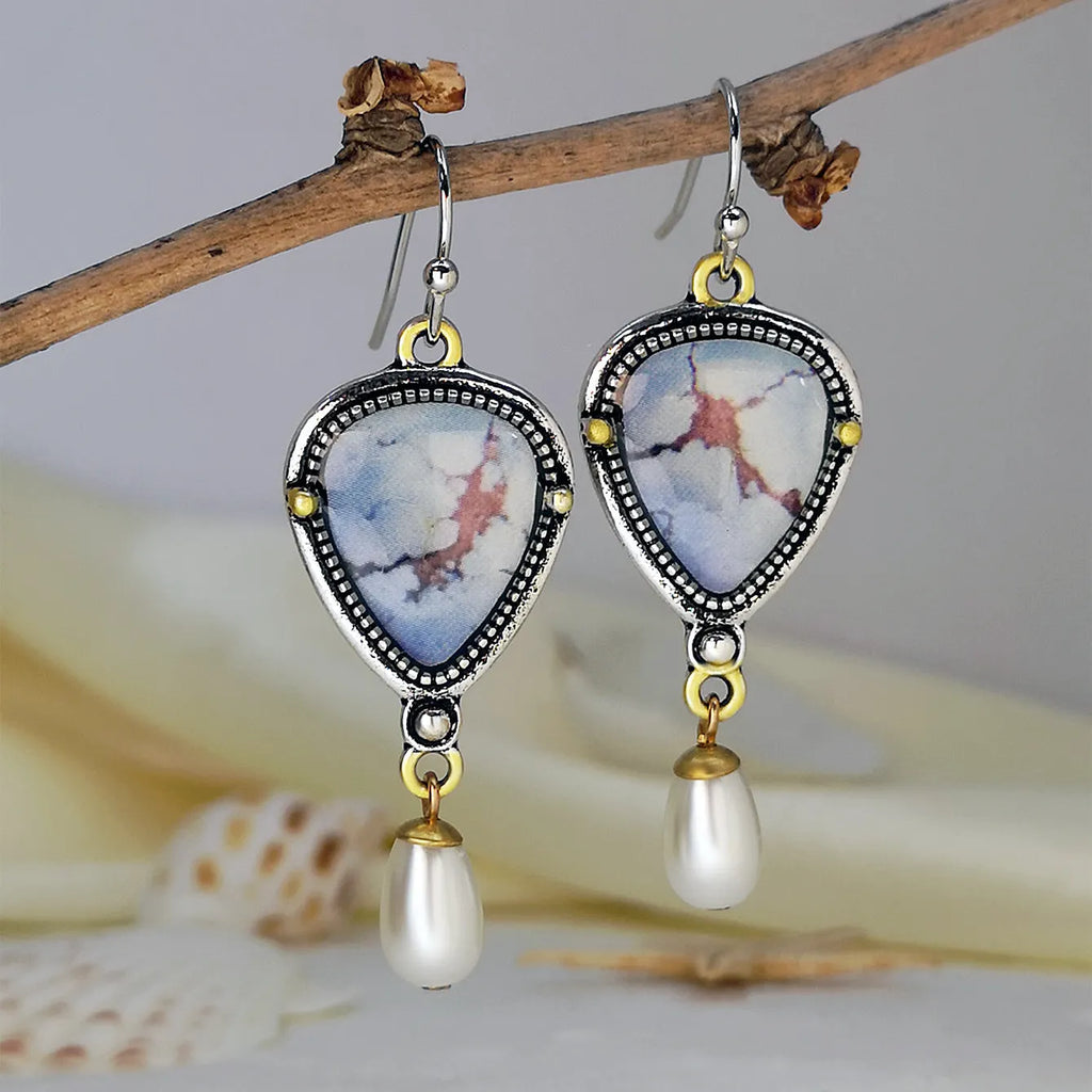 Retro blue geometric drop earrings for women with synthetic opal stone and white pearl.
