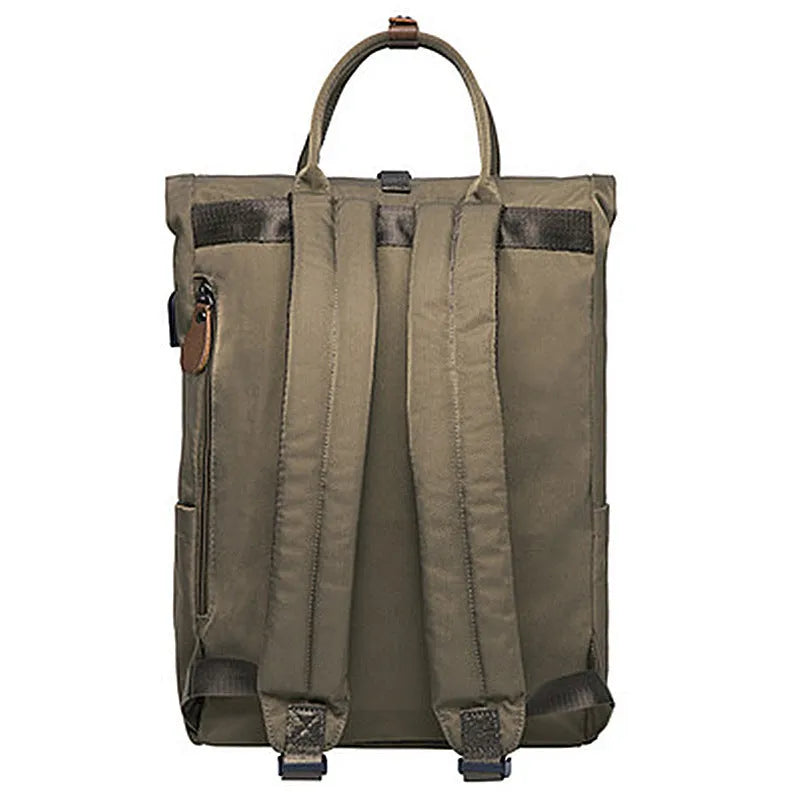 Casual polyester backpack with cover opening showing computer pocket and zipper compartment