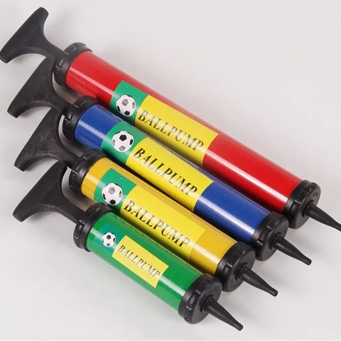 Manual plastic hand pump in mixed colours for inflating basketballs, volleyballs, and footballs.